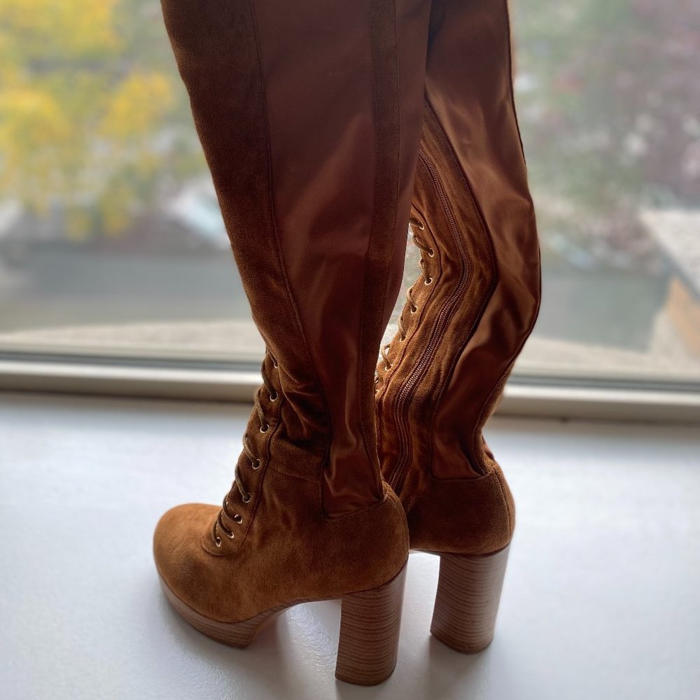 Camel color knee high lace up boots